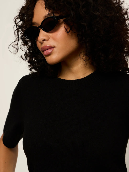 Sanctuary The Perfect Sweater Tee with Ribbed Jewel Neck and Short Sleeve in Black