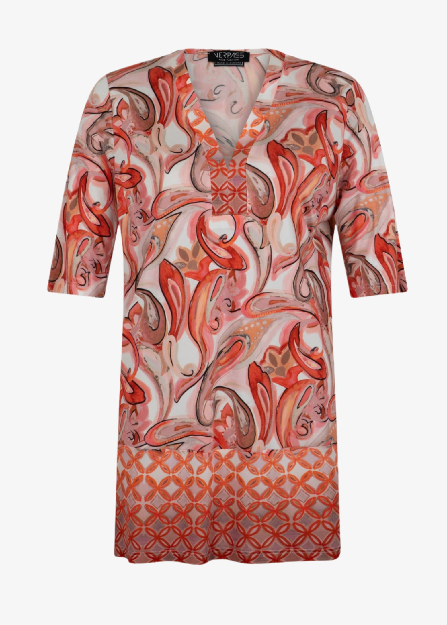 front view of Verpass plus size Paisley Print V-Neck Jersey Tunic with Border in Flamingo Red