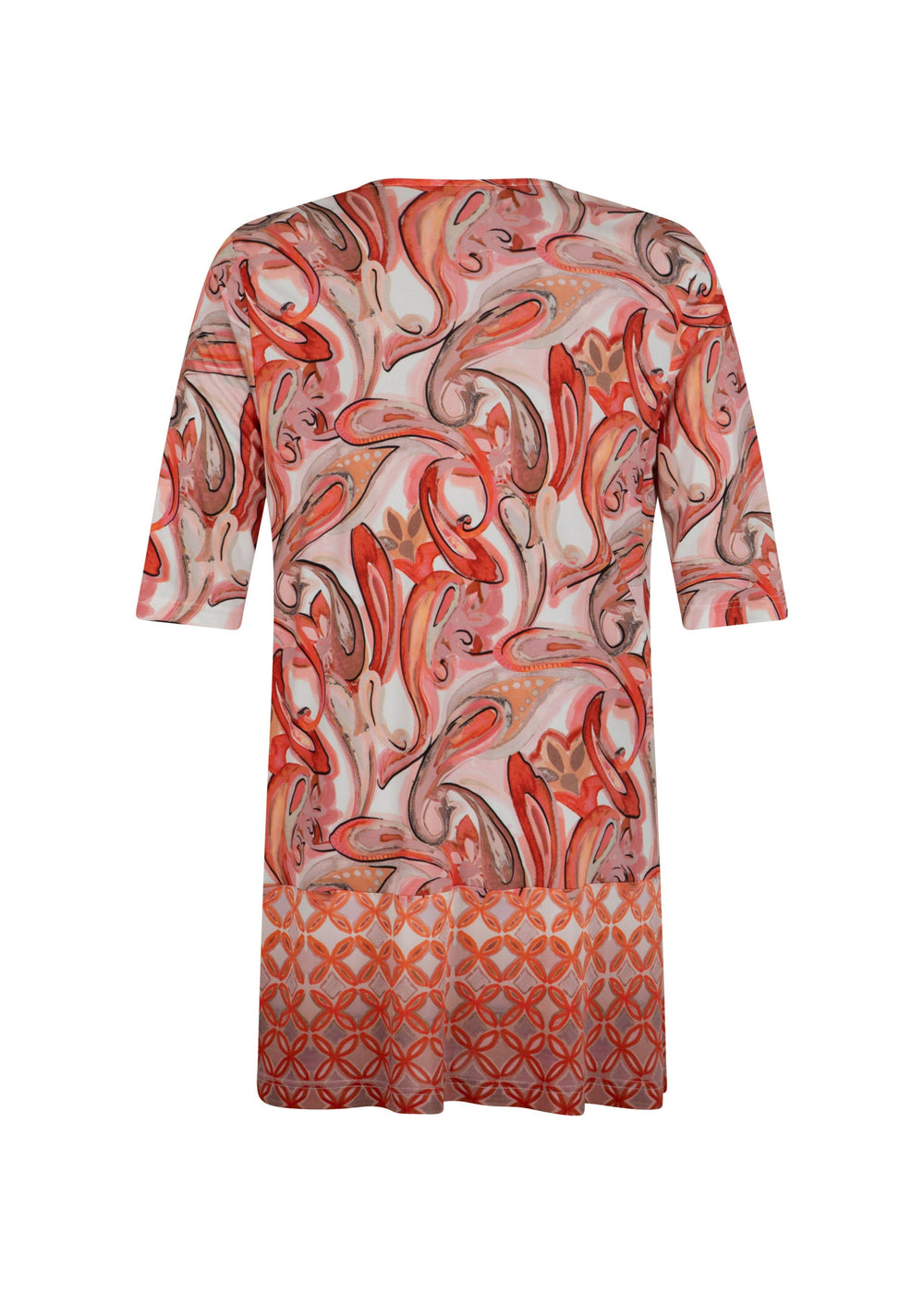 back view of Verpass plus size Paisley Print V-Neck Jersey Tunic with Border in Flamingo Red