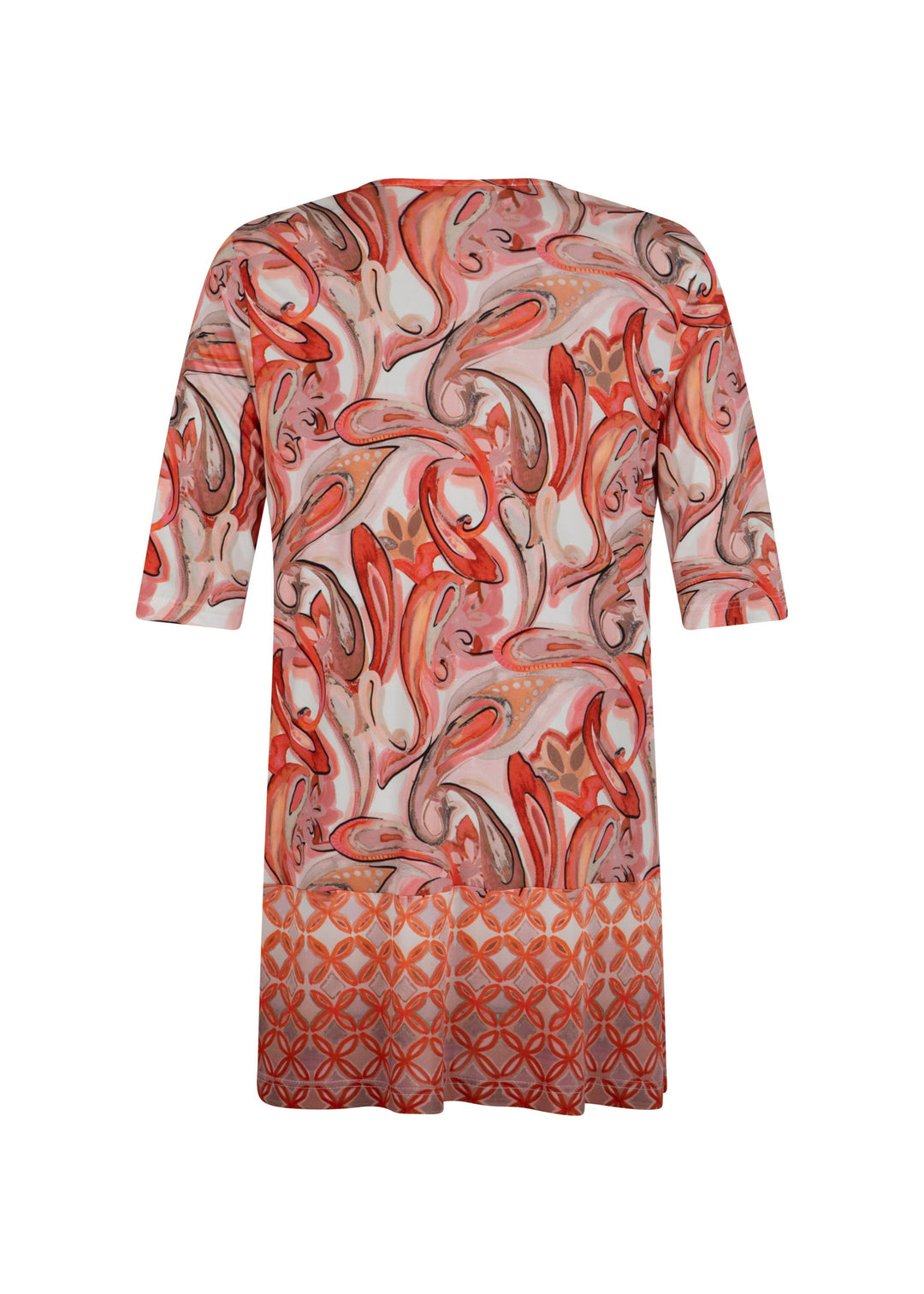 back view of Verpass plus size Paisley Print V-Neck Jersey Tunic with Border in Flamingo Red
