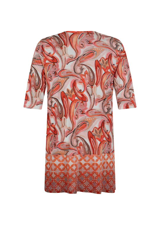 back view of Verpass plus size Paisley Print V-Neck Jersey Tunic with Border in Flamingo Red
