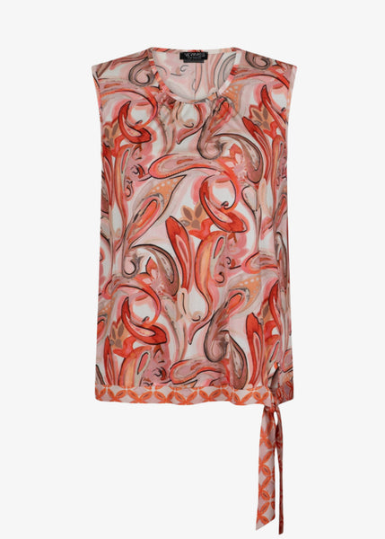 front view of Verpass plus size Paisley Print Sleeveless top with Tie Border Hem in Flamingo Red