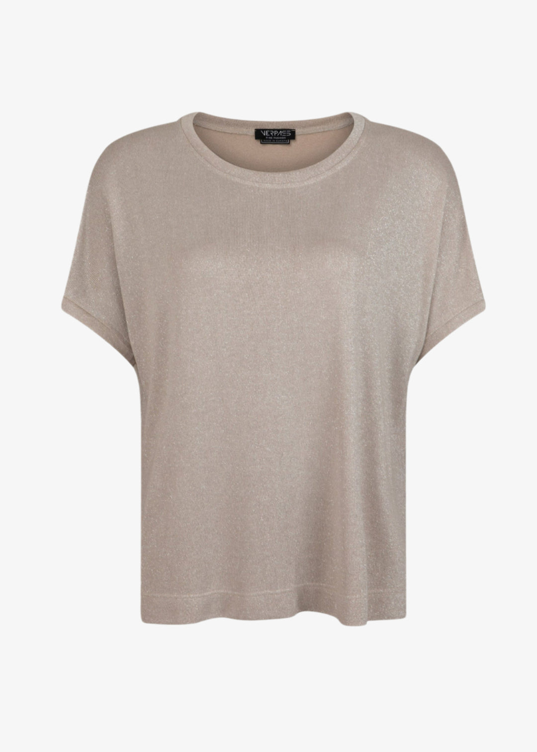 front view of Verpass plus size Lurex Knit Short Sleeve Shell in Sand