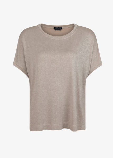 front view of Verpass plus size Lurex Knit Short Sleeve Shell in Sand