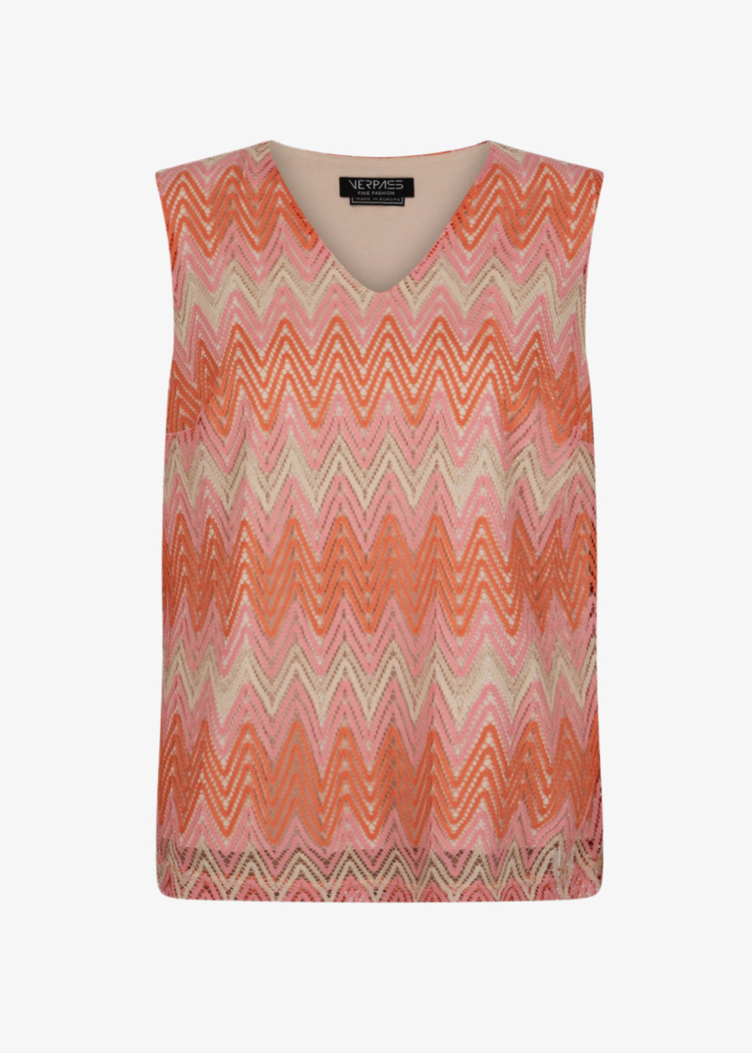 front view of Verpass plus size  Bargello Knit V-neck shell Peach