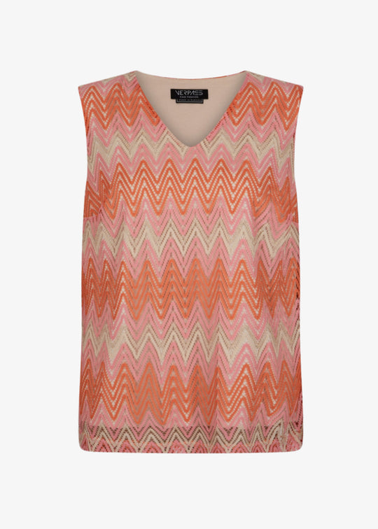 front view of Verpass plus size  Bargello Knit V-neck shell Peach
