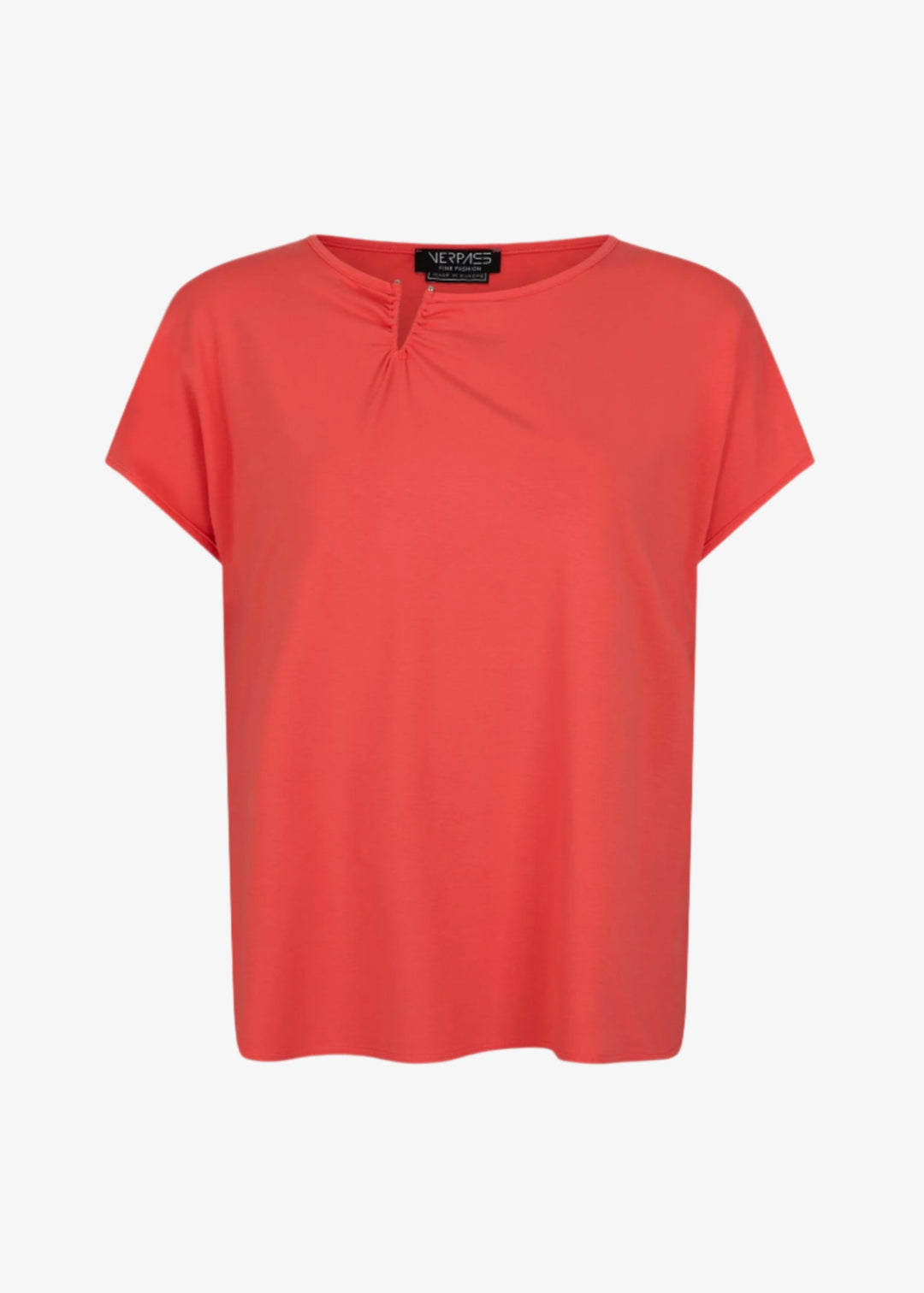 front view of plus size Verpass Jersey Short Sleeve Tee with Hardware at Neck in Coral