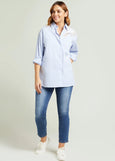 front view of plus size Luisa Viola Striped Shirt with Embroidery detail in Blue/Wht styled on model with jeans