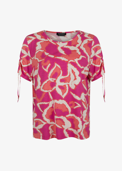 front view of plus size Verpass Rouched Sleeve Stretch Print Jersey Top in Orange Print