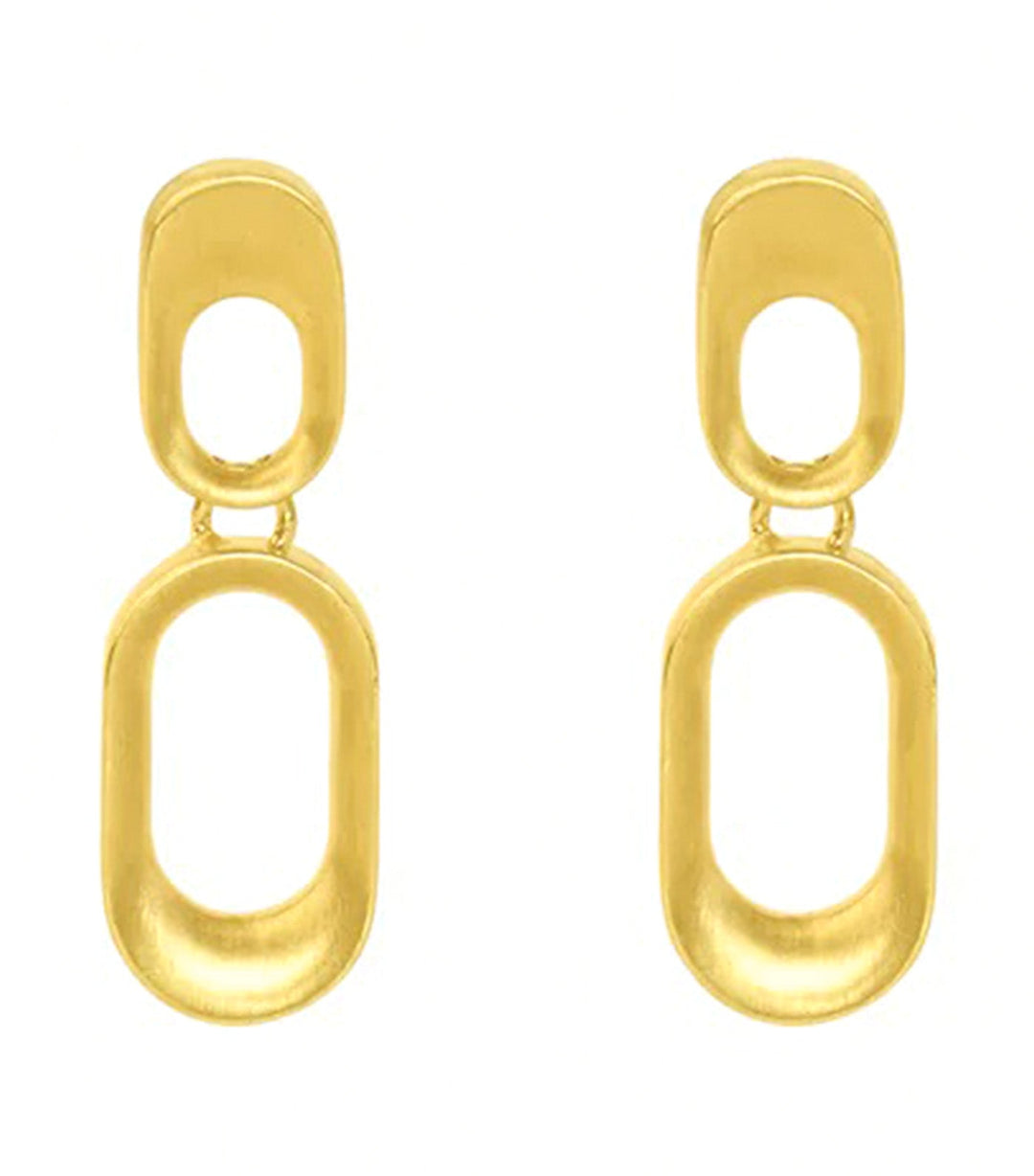 Gold drop earrings with two linked oval hoops, polished metal finish, front view