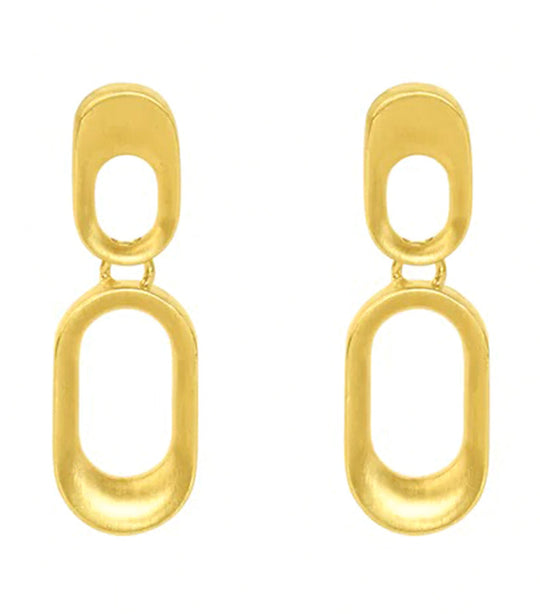 Gold drop earrings with two linked oval hoops, polished metal finish, front view