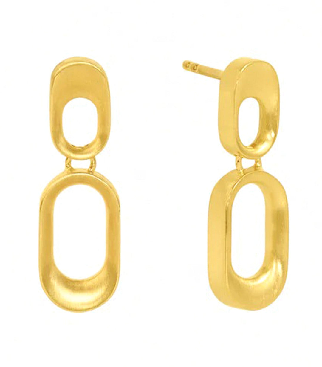 Gold double oval link drop earrings with stud post, shown as a pair from front and side angles