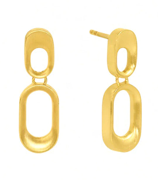 Gold double oval link drop earrings with stud post, shown as a pair from front and side angles