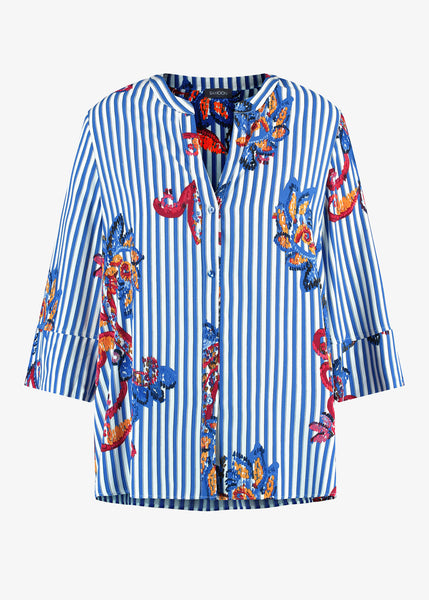 Samoon Split Neck Striped Blouse with Paisley Print