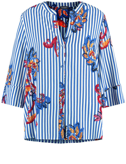 front view of plus size Samoon Split Neck Striped Blouse with Paisley Print