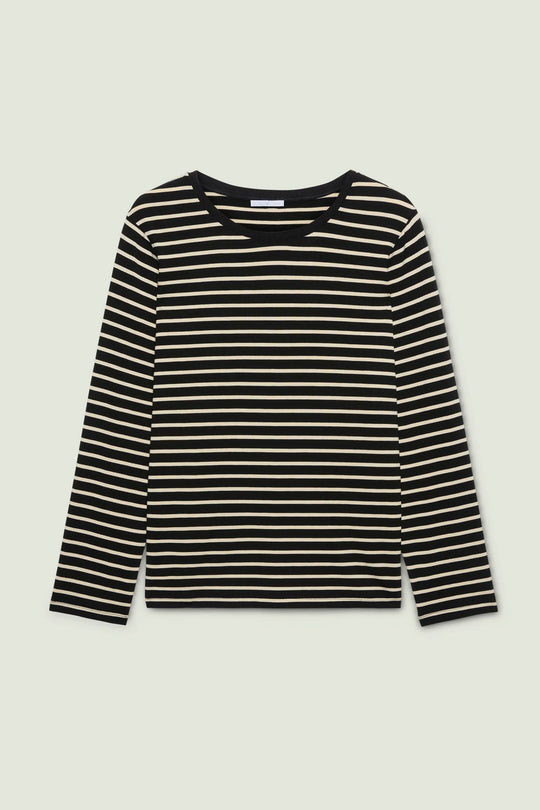 Flat lay of black and milky striped long sleeve jersey tee