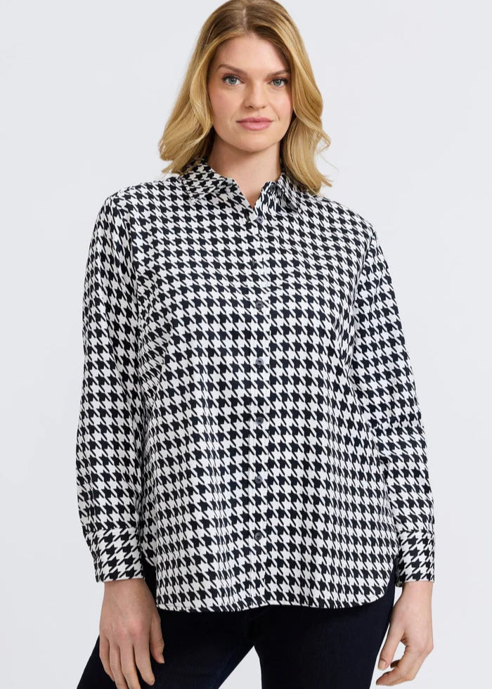 Front view of plus size Foxcroft Meghan Classic Houndstooth Long Sleeve Cotton Shirt in Black White