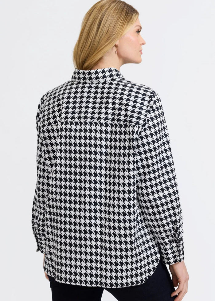 Back view of plus size Foxcroft Meghan Classic Houndstooth Long Sleeve Cotton Shirt in Black White