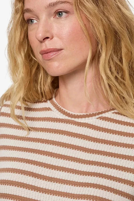 Short sleeve striped knit top with brown and cream horizontal stripes worn by model