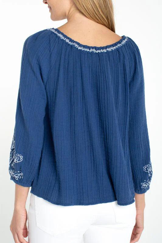 Liverpool 3/4 Sleeve Woven Top with Embroidery in Liberty Blue