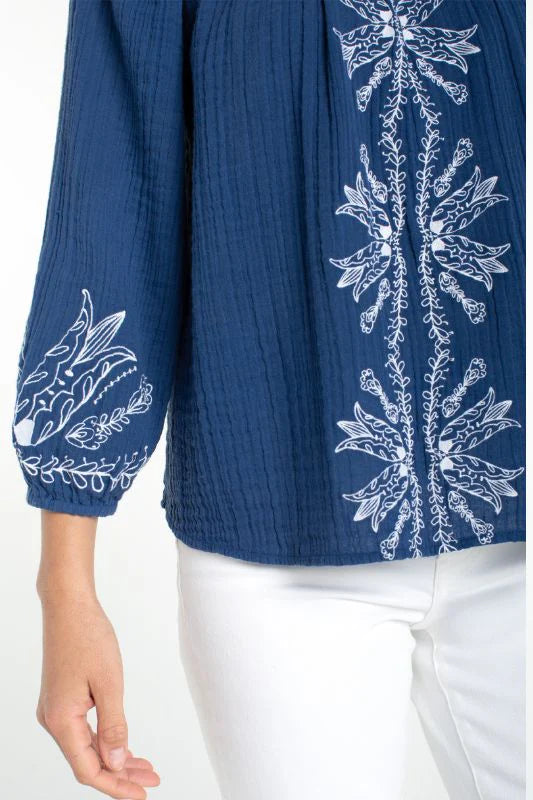 Liverpool 3/4 Sleeve Woven Top with Embroidery in Liberty Blue