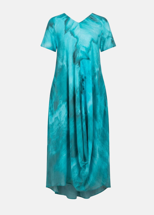 Ozai N Ku V Neck Water Print Short Sleeve Dress with Drape Hem in Seafoam