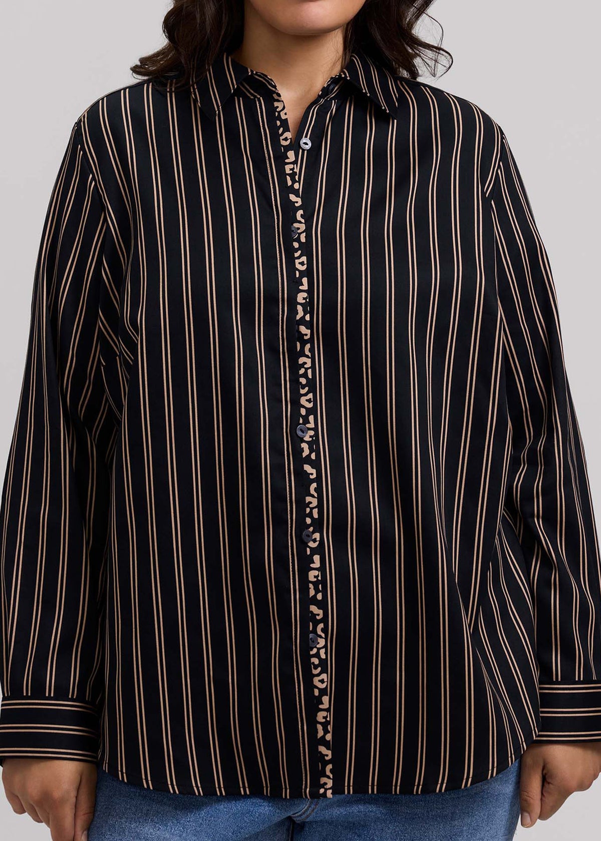Black cotton sateen blouse with vertical stripes and animal-print button placket