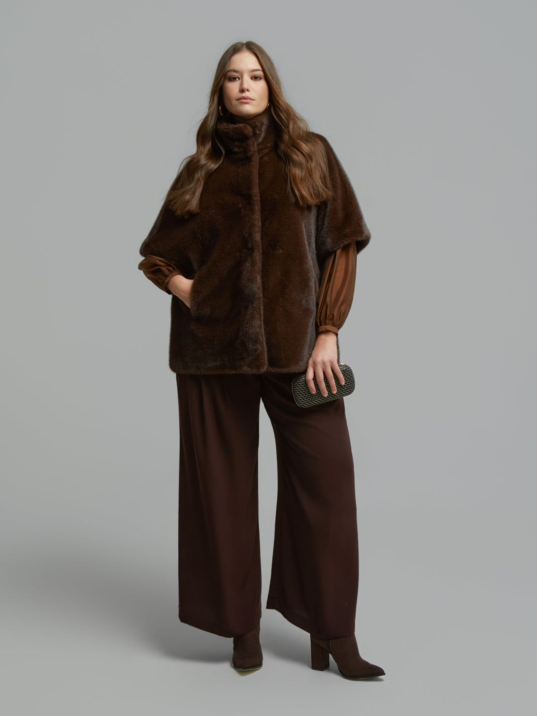 Mat Fashions Zip Front Faux Fur Stand Collar Cape in Brown