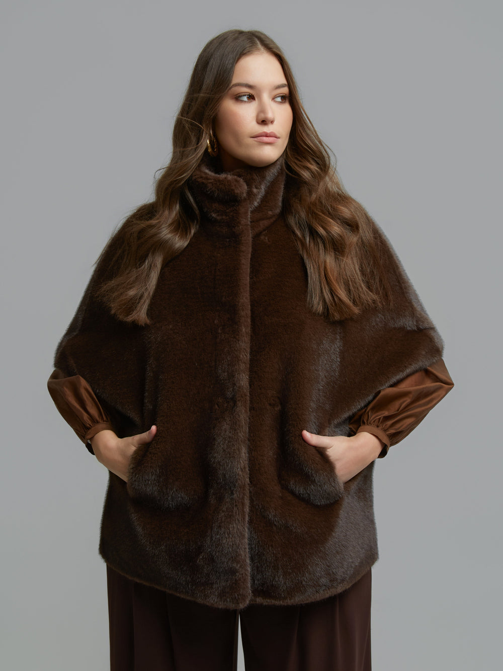 Mat Fashions Zip Front Faux Fur Stand Collar Cape in Brown