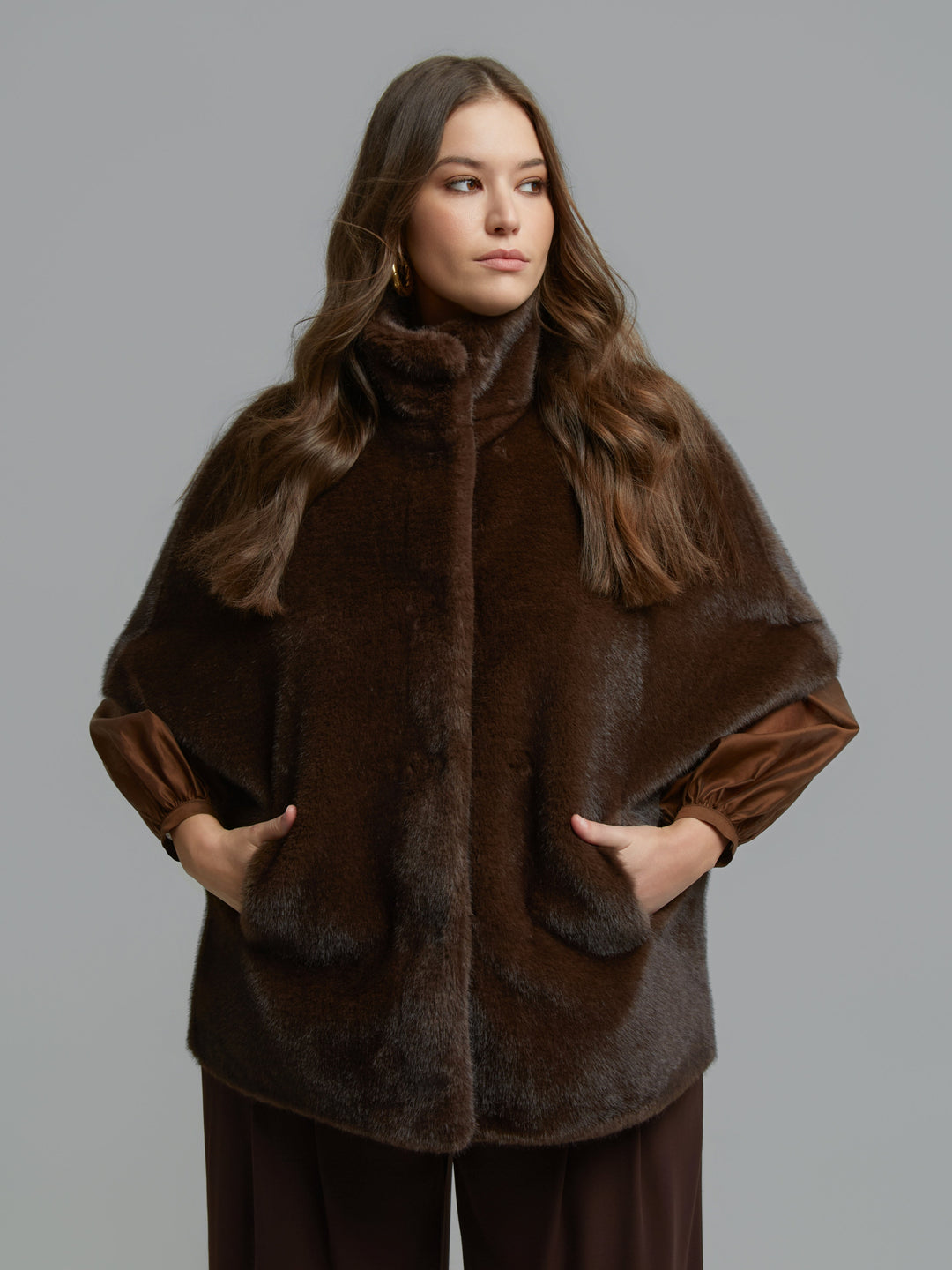 Mat Fashions Zip Front Faux Fur Stand Collar Cape in Brown
