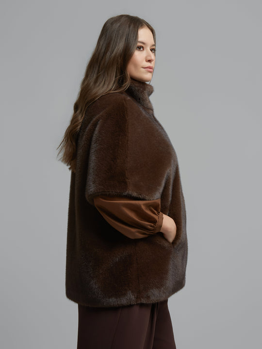 Mat Fashions Zip Front Faux Fur Stand Collar Cape in Brown