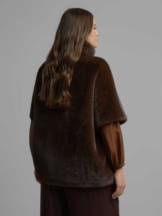 Mat Fashions Zip Front Faux Fur Stand Collar Cape in Brown