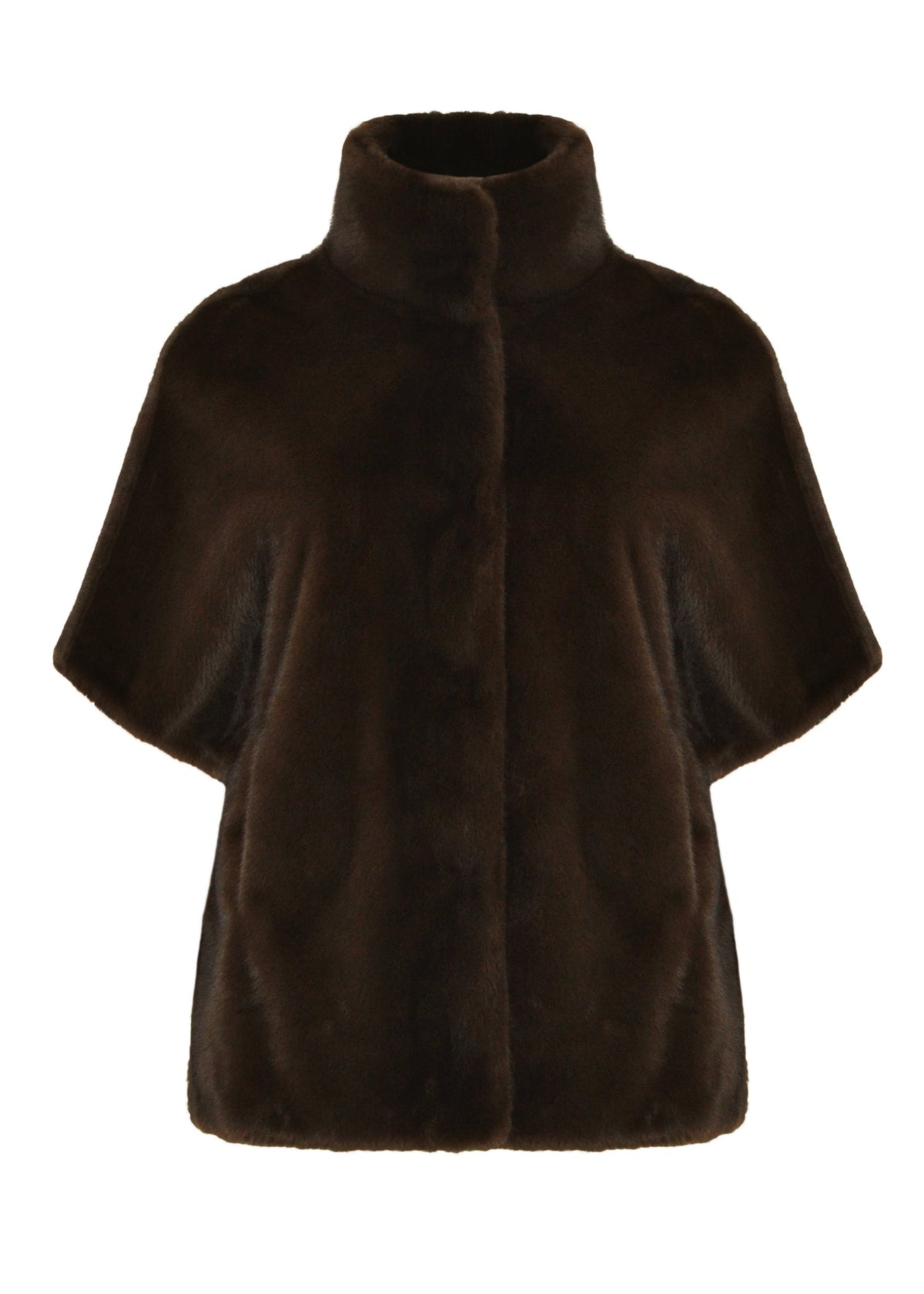 Brown faux fur stand-collar cape with zip front, isolated front view