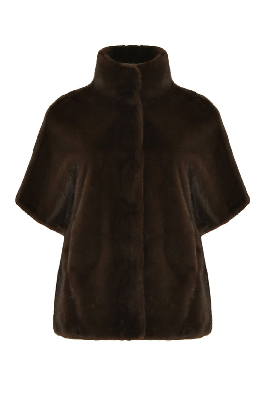 Mat Fashions Zip Front Faux Fur Stand Collar Cape in Brown