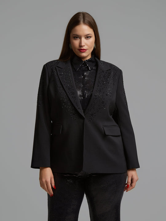 Mat Fashions Single Button Notch Collar Blazer with Black Bead Details in Black