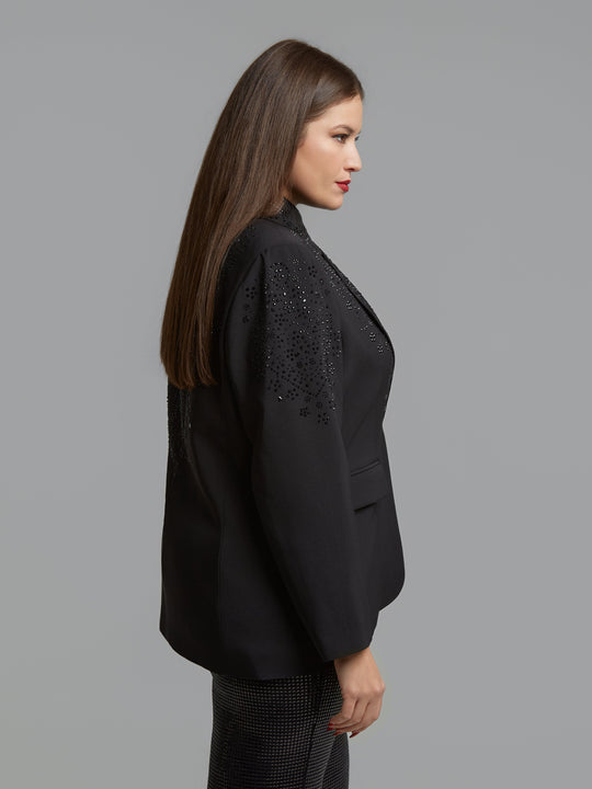 Mat Fashions Single Button Notch Collar Blazer with Black Bead Details in Black