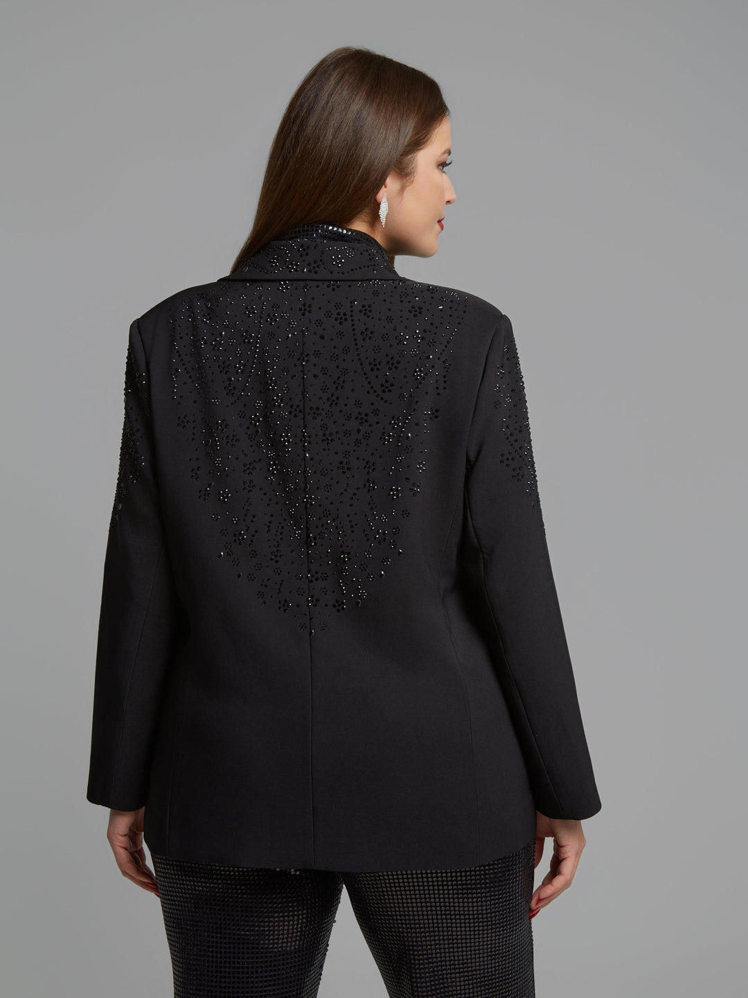 Mat Fashions Single Button Notch Collar Blazer with Black Bead Details in Black