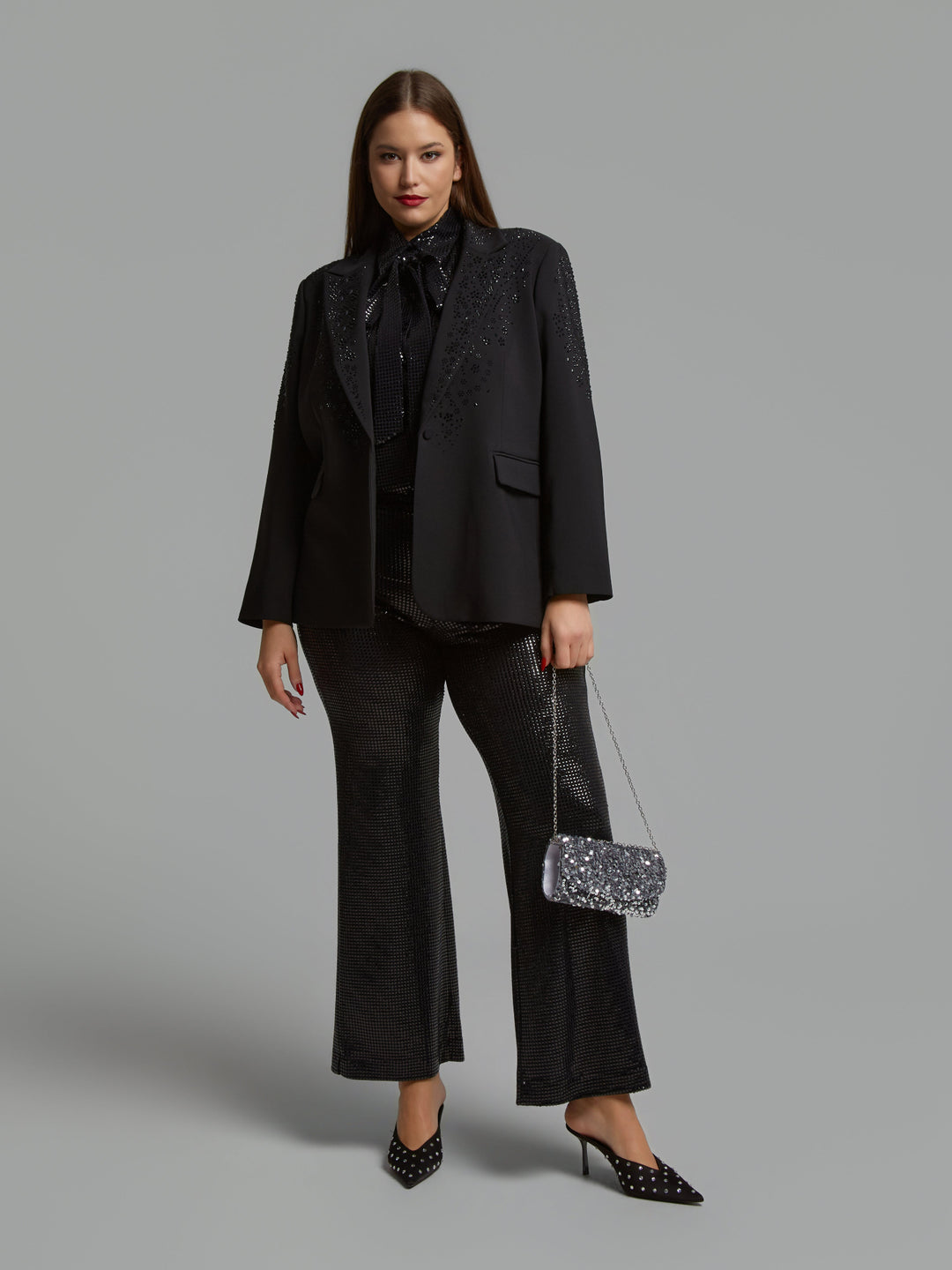 Mat Fashions Single Button Notch Collar Blazer with Black Bead Details in Black