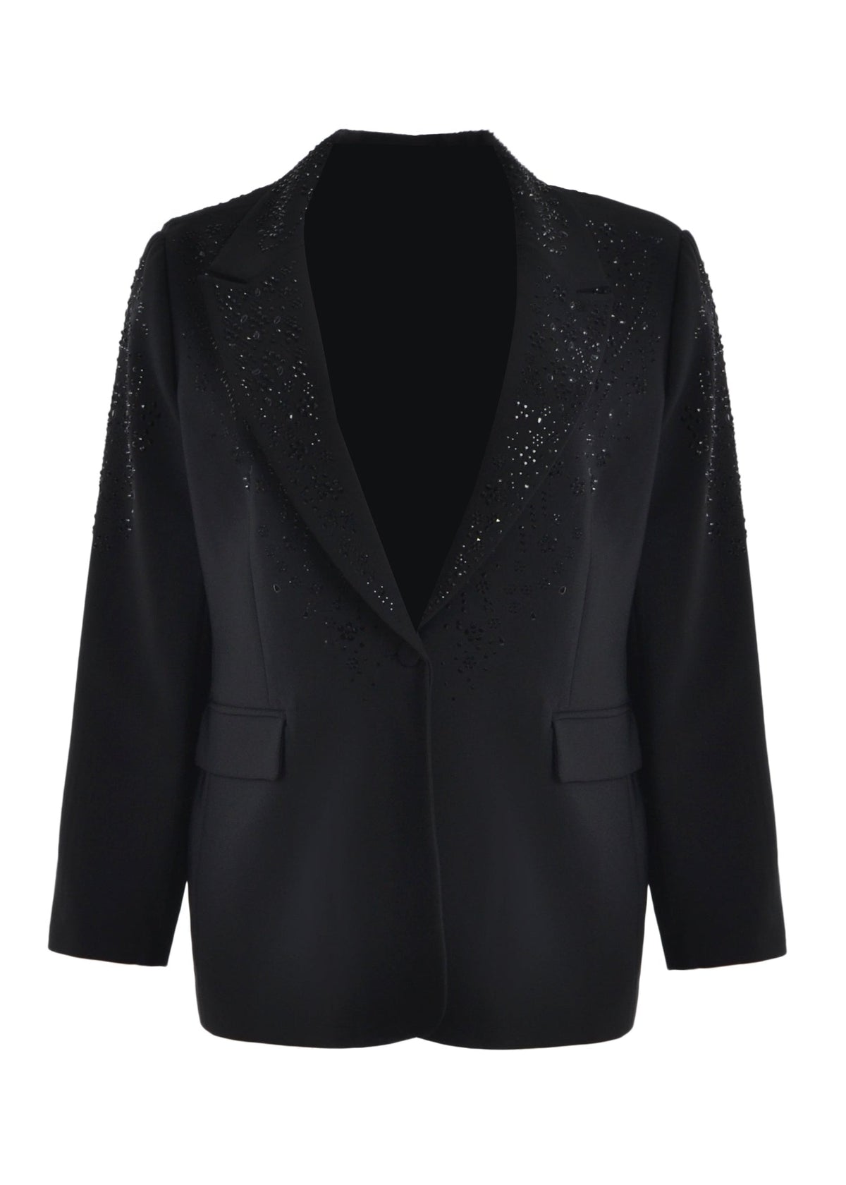 Black single-button blazer with bead-speckled lapels and two front pocket flaps