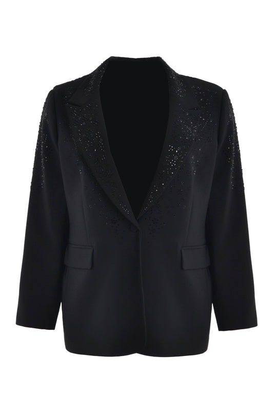 Mat Fashions Single Button Notch Collar Blazer with Black Bead Details in Black