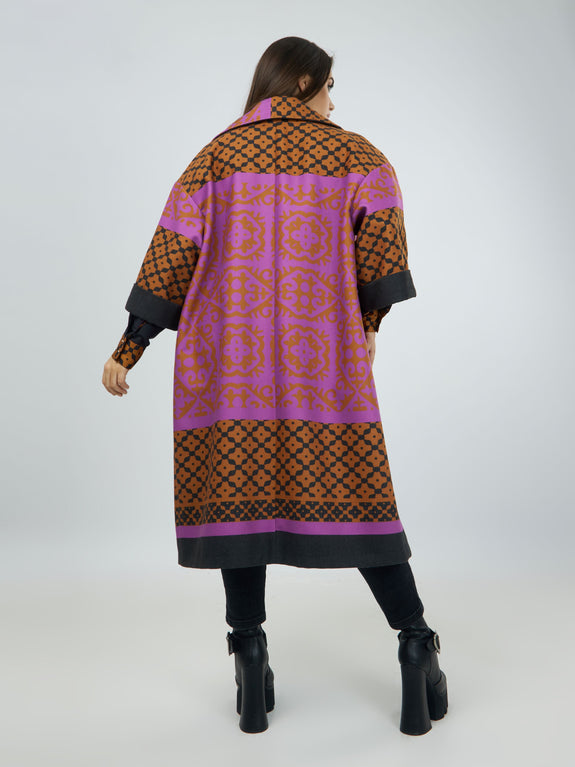 Mat Border Print Coat with Notch Lapels in Purple Print