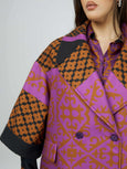 Mat Border Print Coat with Notch Lapels in Purple Print