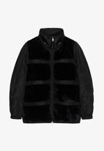 Black puffer jacket with stand collar, drawstring hood, and front zip