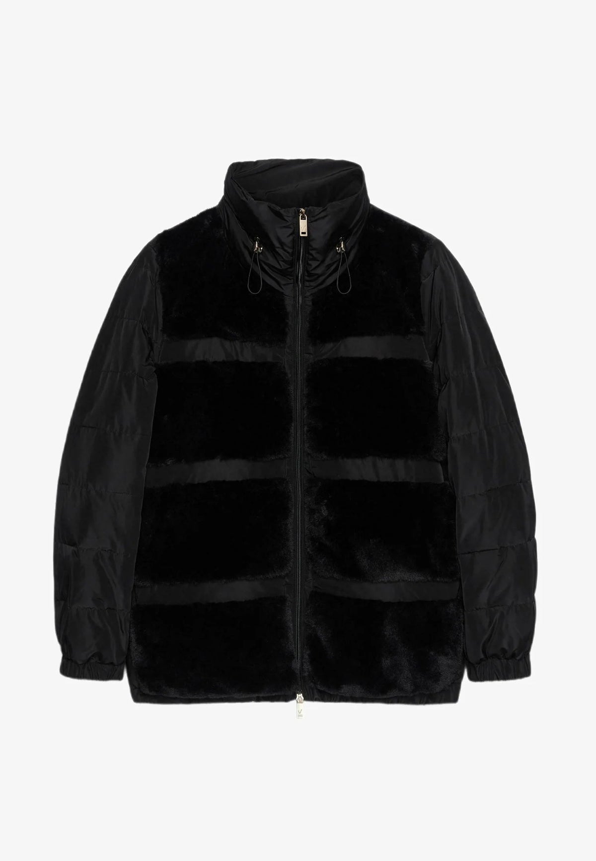 Black puffer jacket with stand collar, drawstring hood, and front zip