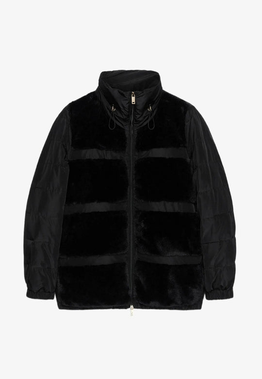 Black puffer jacket with stand collar, drawstring hood, and front zip