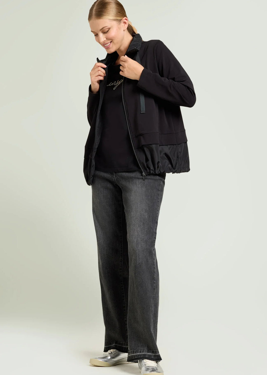 alt. front view of plus size Luisa Viola Zip Front Athleisure jacket with taffeta trim in Black
