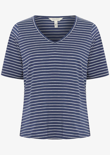 Part Two Curlia V-neck Curved hem Tee in Blue Stripe