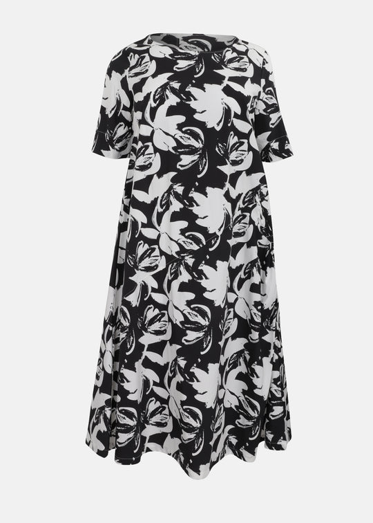 Toni T. Stretch Poplin Graphic Flower A-line Dress in Black and White