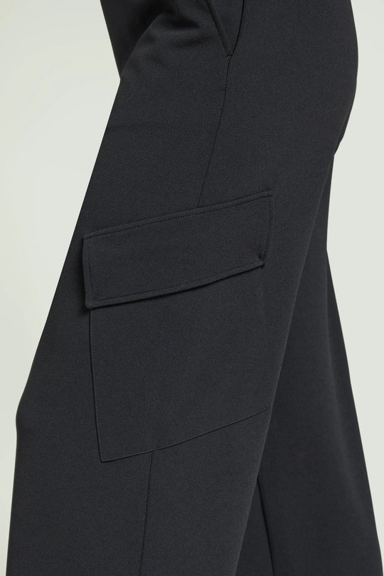 Black scuba twill cargo pants with side flap pocket detail