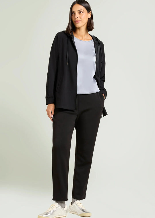 front view of plus size Luisa Viola Scuba Jersey Jogger Pant in Midnight with matching jacket 